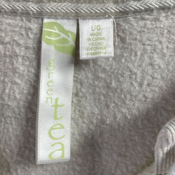 GREEN TEA Beige Handwarmer Pocket Sweatshirt Vneck Drawstring Neckline Sz Large - Picture 3 of 8